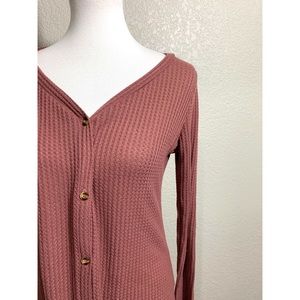 Mauve Waffle Knit Button Up Tie Shirt